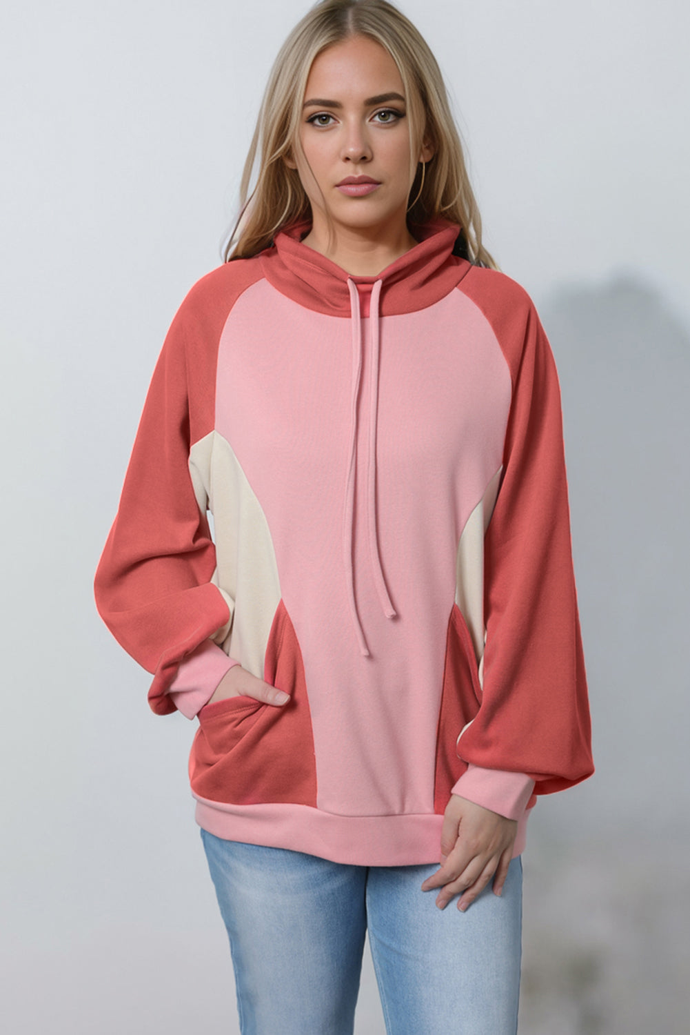 Sudadera de mechón de bolsillo rosa con cordón