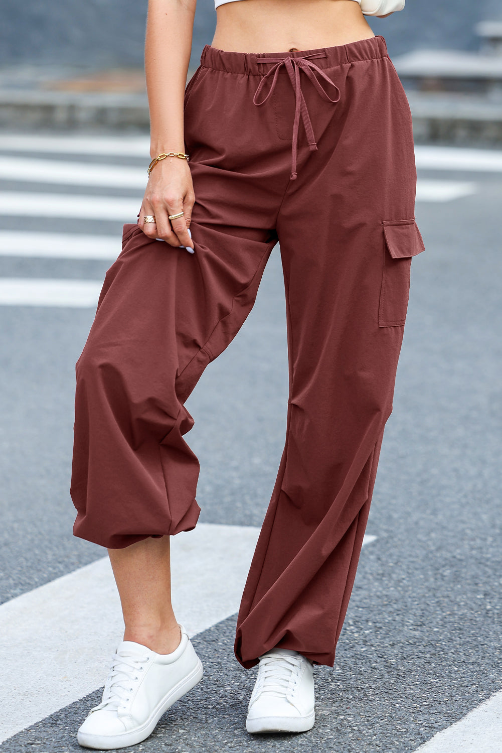 Mineral Red Solid Color Drawstring Wide Leg Cargo Pants