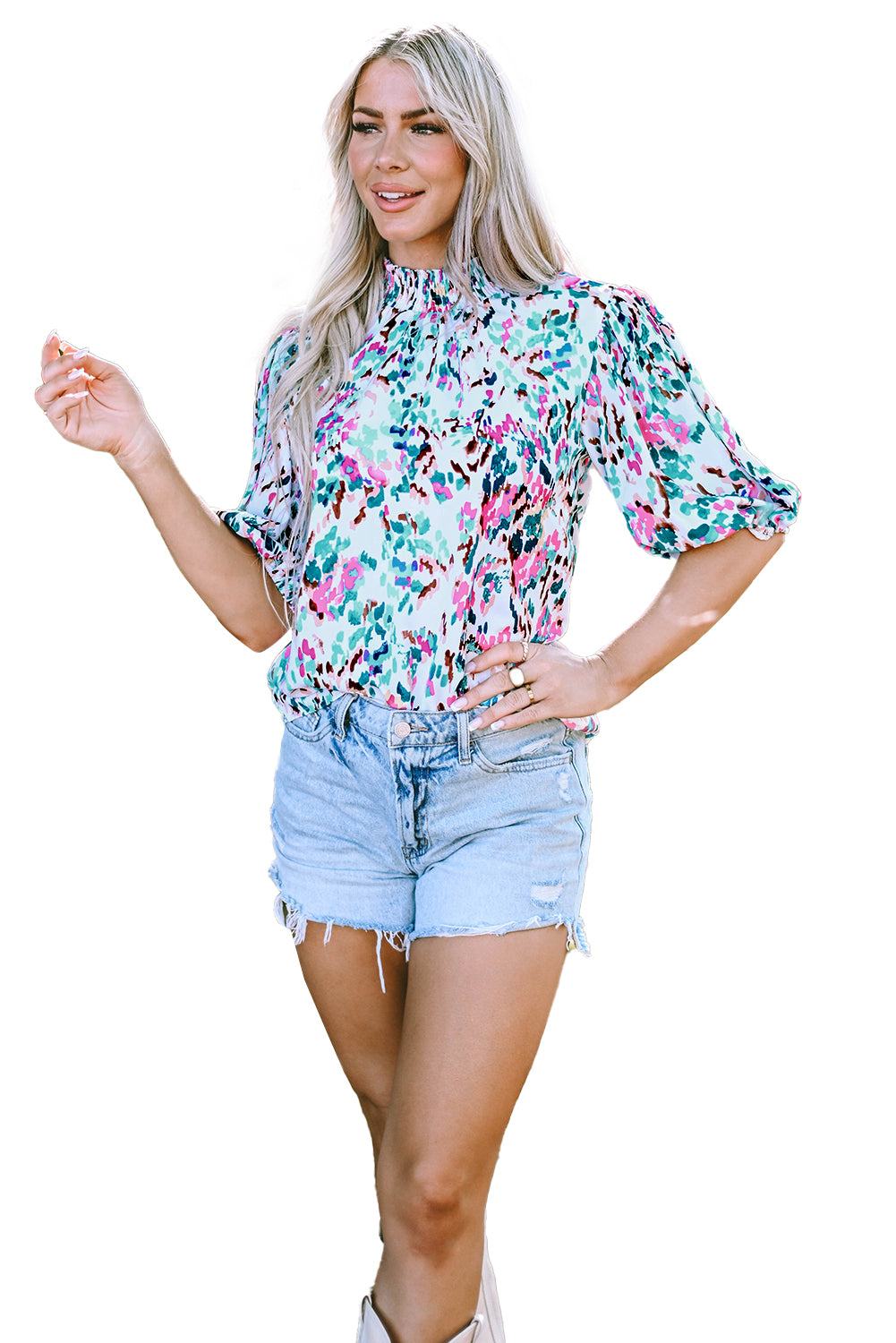 Blusa de cuello simulado de manga de hojaldre de estampado azul claro