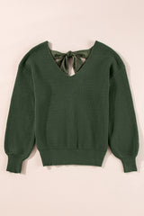 Pull vert jungle à manches lanternes, col en V, nœud au dos