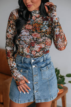 Long sleeve and collar brown collar mesh blouse