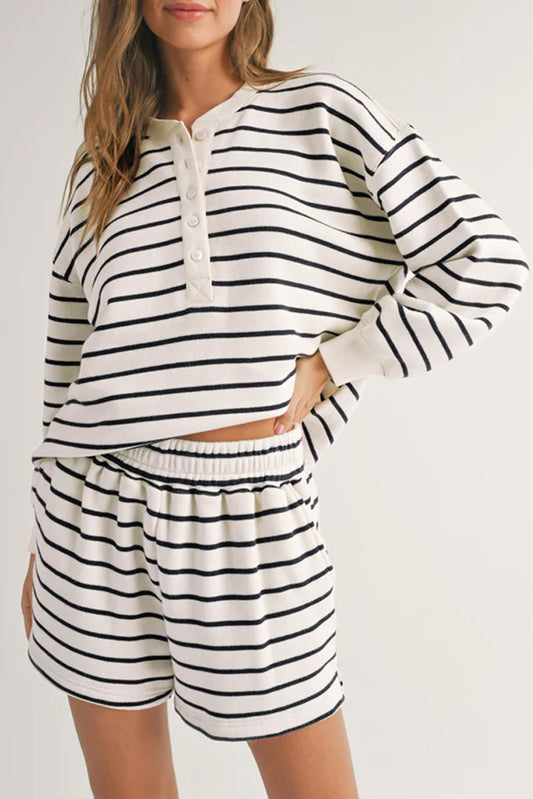 Black and white striped printed half button long sleeve top and shorts set