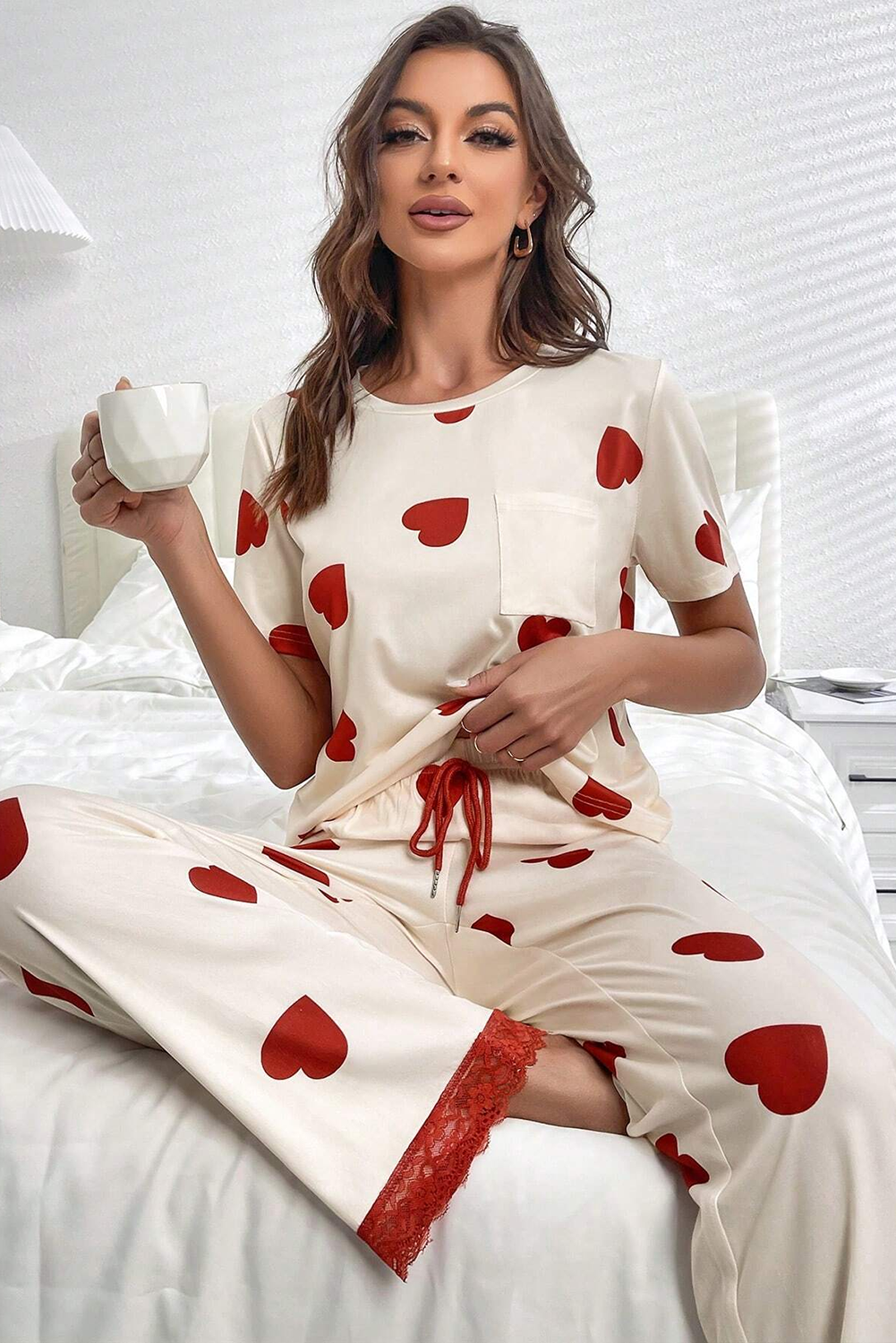 White Valentines Heart Imprimer en dentelle Hem Tee Pant