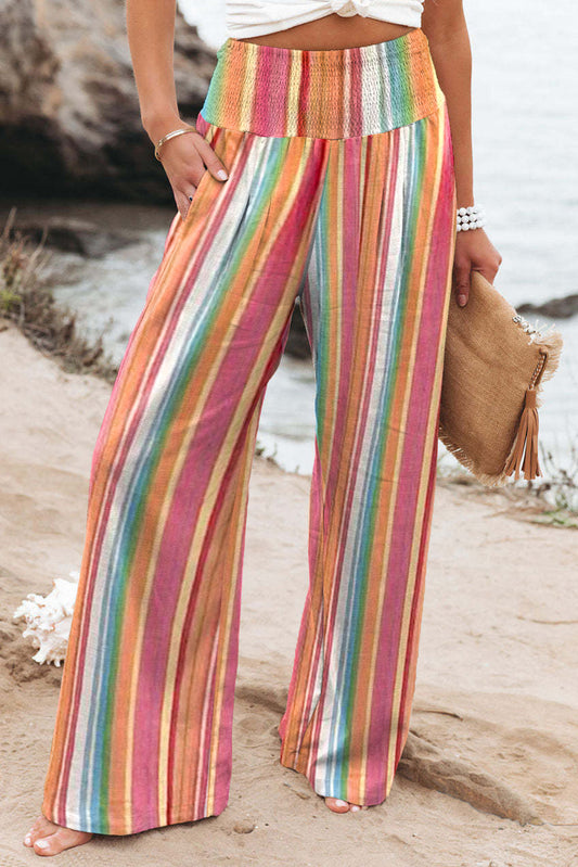 Pantalones de pierna de cintura con cañaste con cañería multicolor a rayas