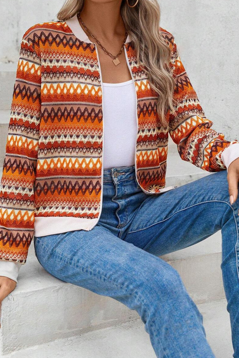 Veste orange à manches longues zippée à rayures Boho