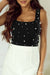 Sleeveless square neck crop top with black pearl decoration