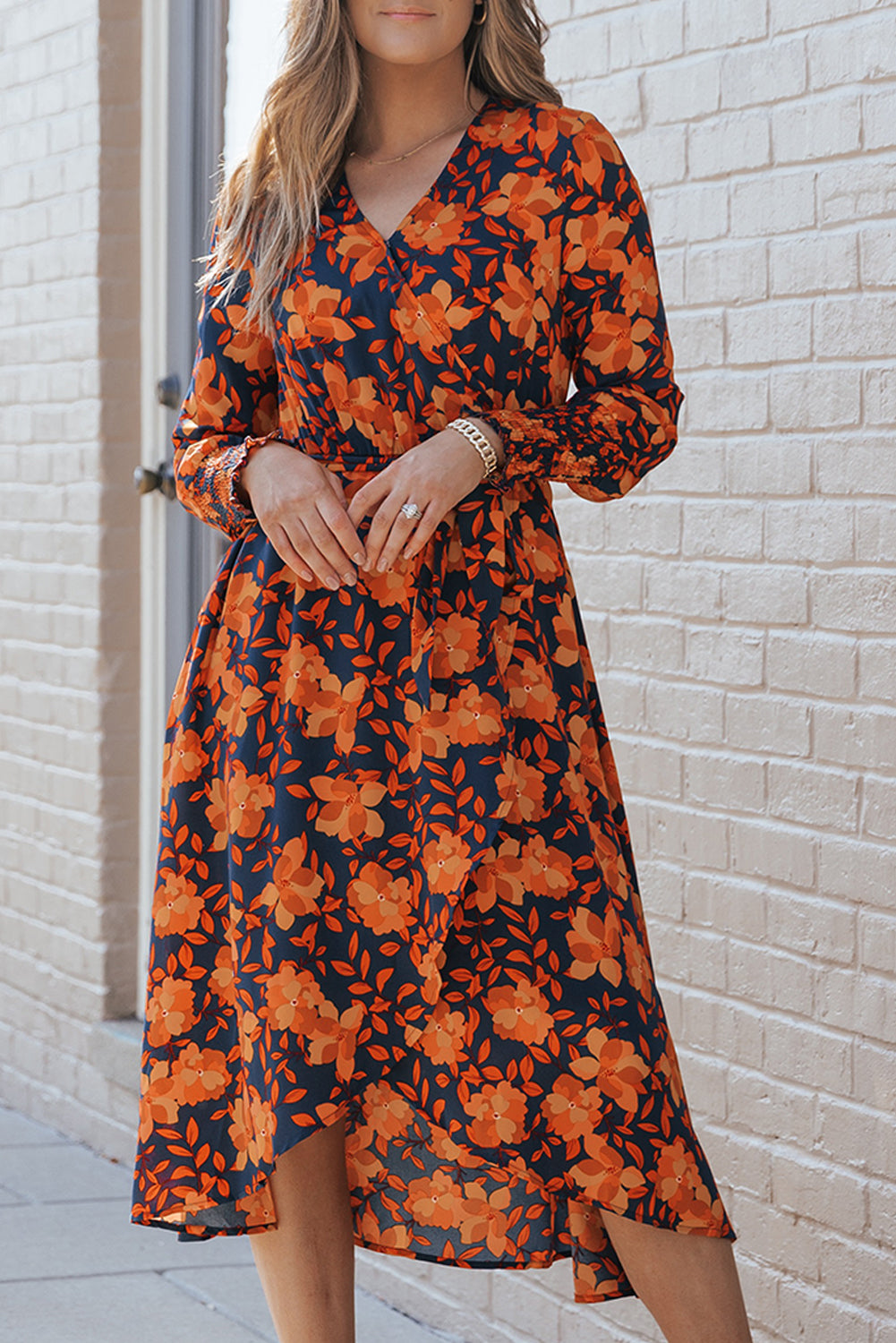 Robe en fausse enveloppe à imprimé floral orange