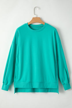 Aruba Blue Solid Crew Neck Sweatshirt with High Low Hem