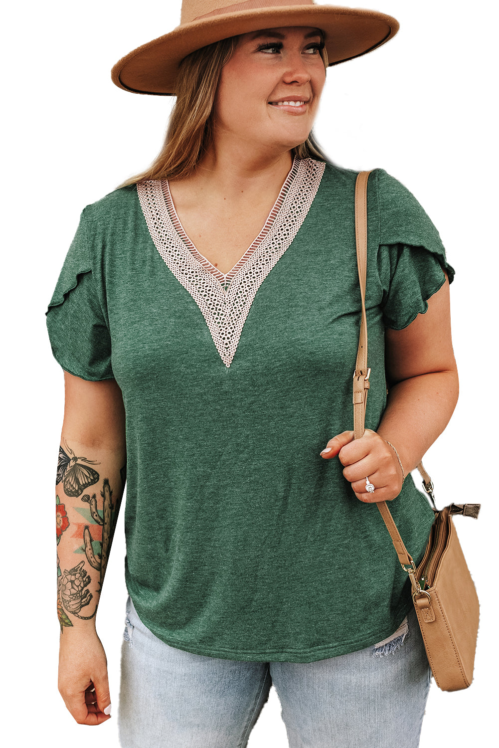 Verde nerastro Plus Size da ricamo a V Neck Draped Maniche camicetta