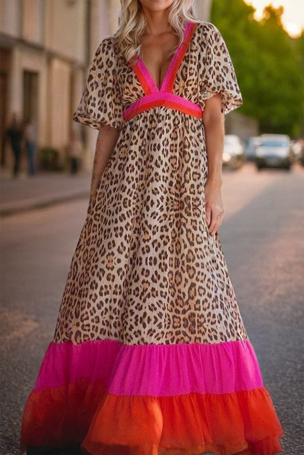 Hot pink leopard color block patchwork bubble sleeve maxi dress