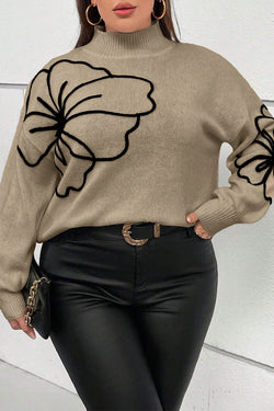 Plus size dark khaki sweater with large flower pattern, high neck, dropped shoulders