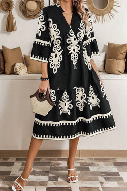 Black geometric western print loose midi dress with 3/4 sleeves