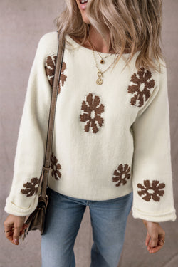 White round-neck sweater with color block floral pattern