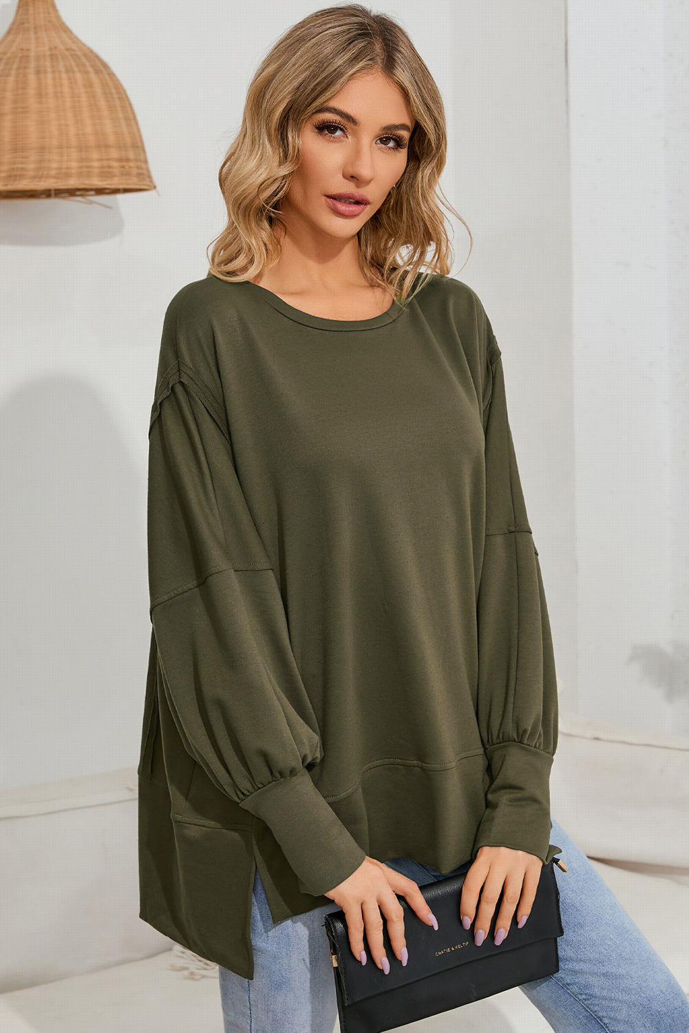 Green Patchwork Drop Shoulder Oversized Top