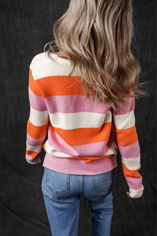 Decreeed sweater with orange stripes and color block with v -collar collar