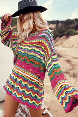 Red Pink Color Block Striped Openwork Knit Loose Sleeve Sweater