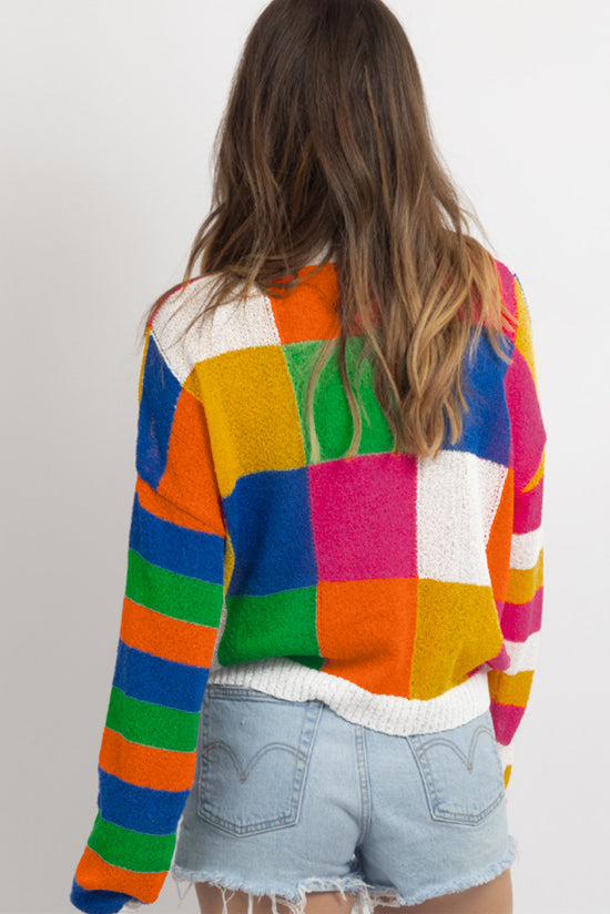 Ample orange tile sweater and color block, round neck