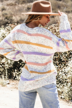 White sweater with lantern sleeves and stripes confetti color block