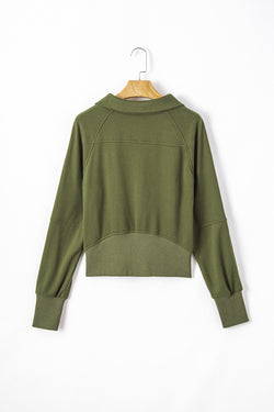 Moss Green Mock Neck Sweatshirt with Kangaroo Pocket and Quarter Zip Closure