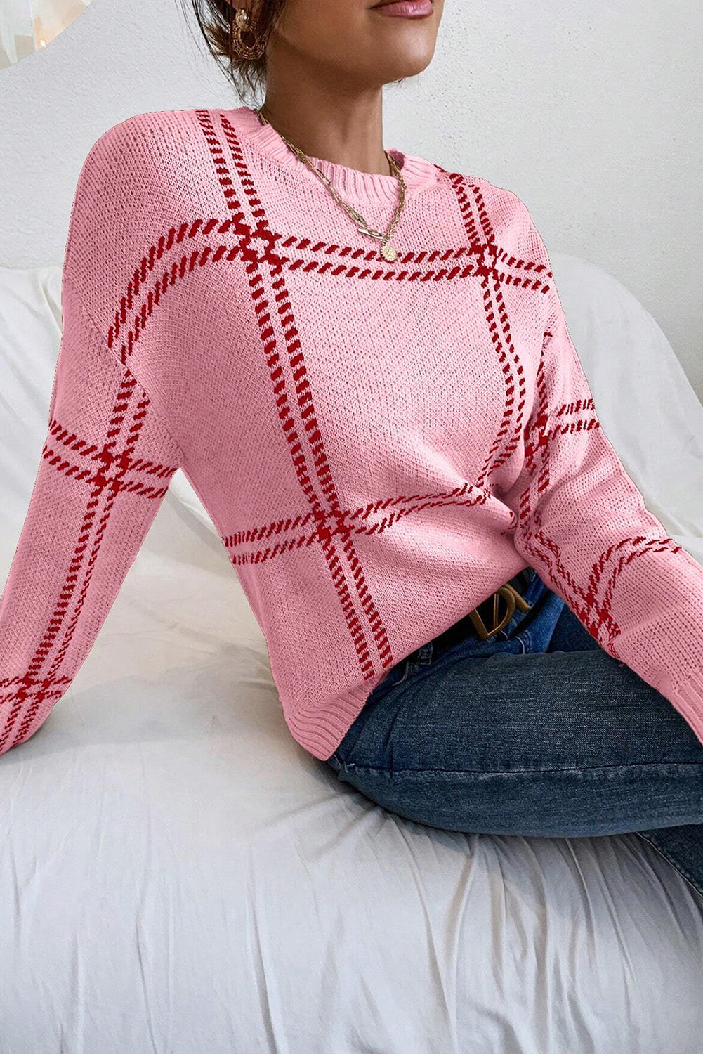 Pink Plaid Knitted Drop Shoulder Sweater