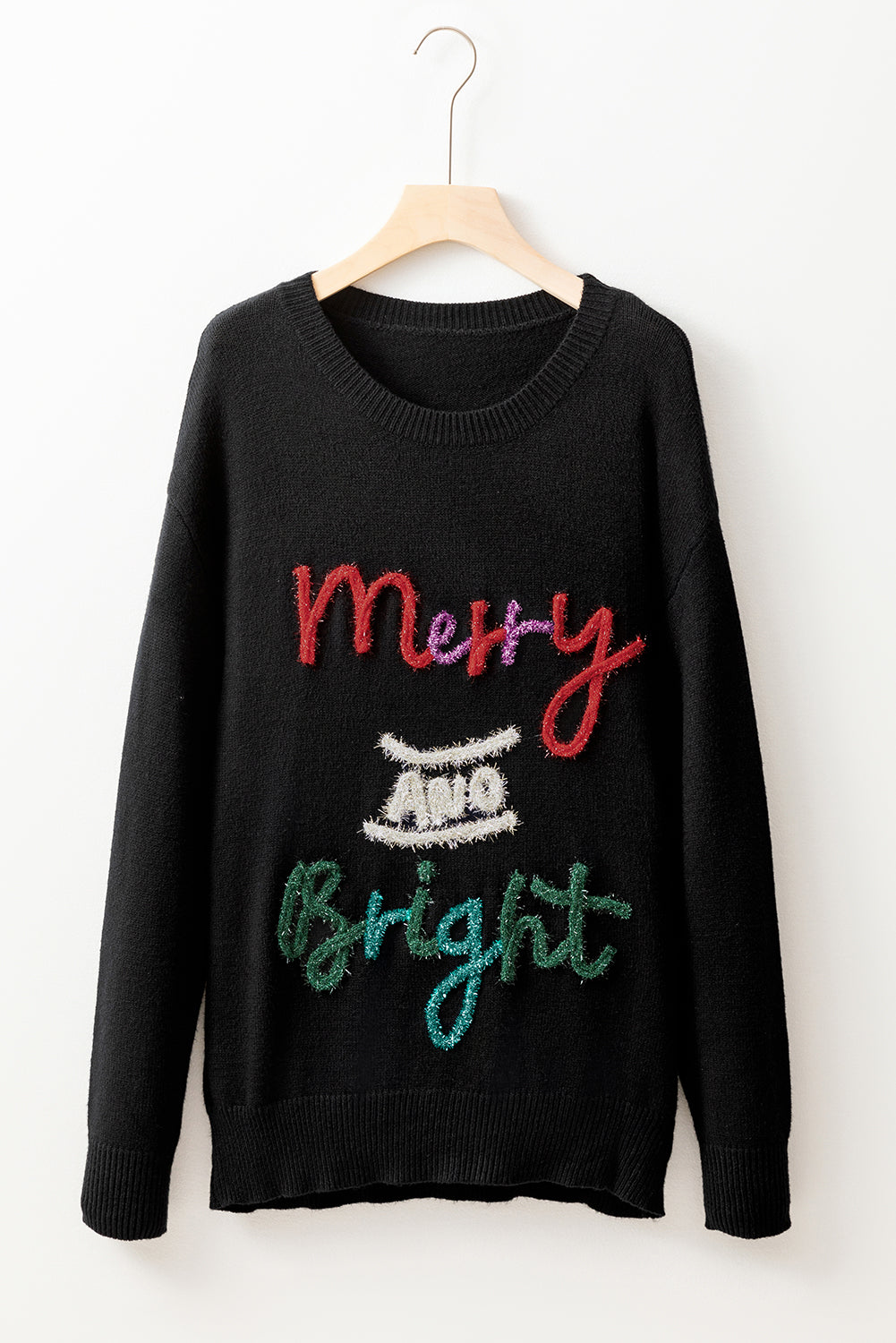 Merry and Bright Black Tinsel Graphic Christmas Sweater