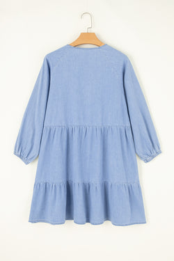 Beau Blue - Mini-robe en chambray à volants et manches bouffantes, col en V