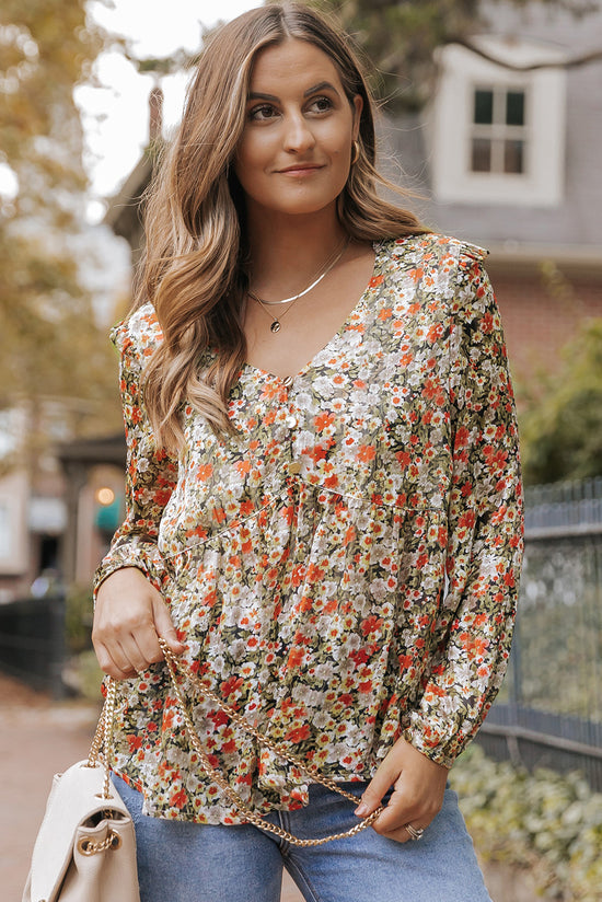 Babydoll khaki flower blouse with V -collar and ruffles