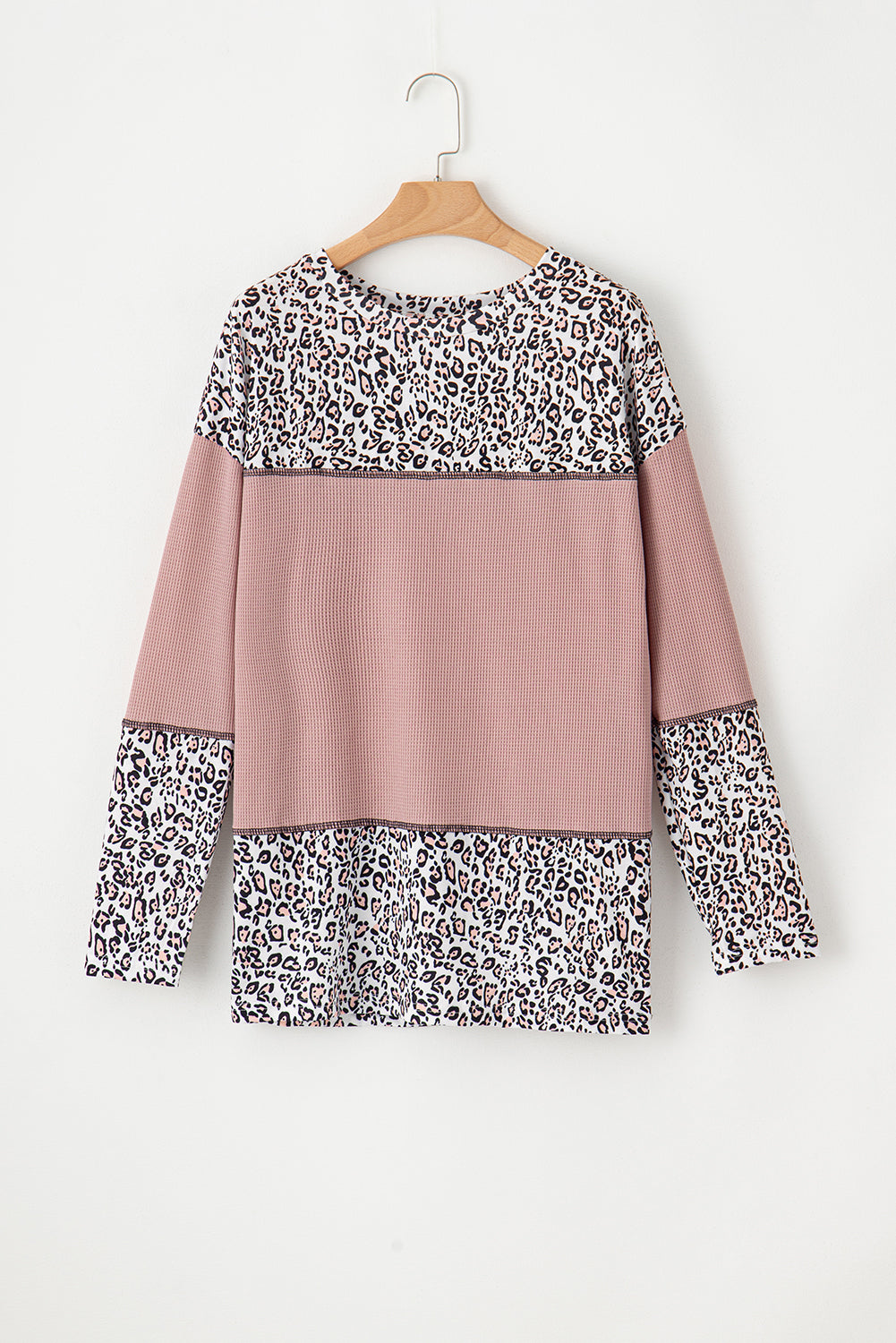 Top de patchwork de punto gofre con estampado de leopardo rosa claro