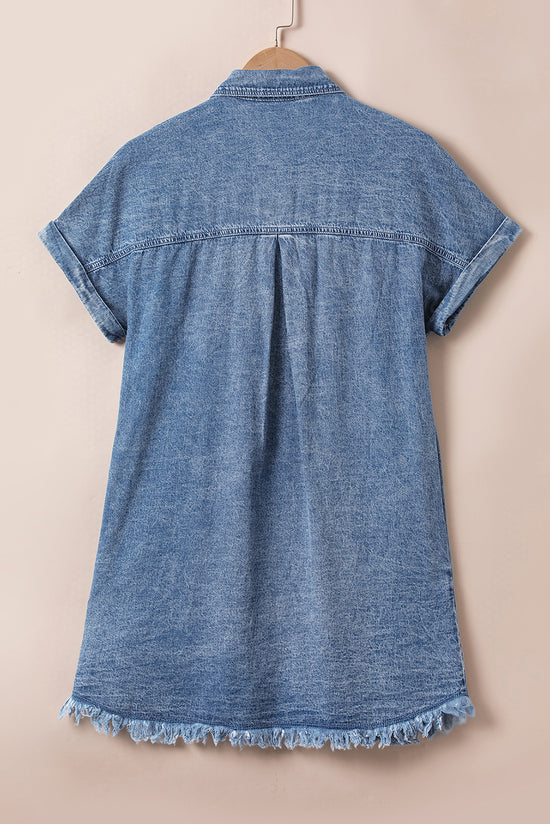 Mineral washed -out blue denim dress with reverse sleeves and effiloche hem