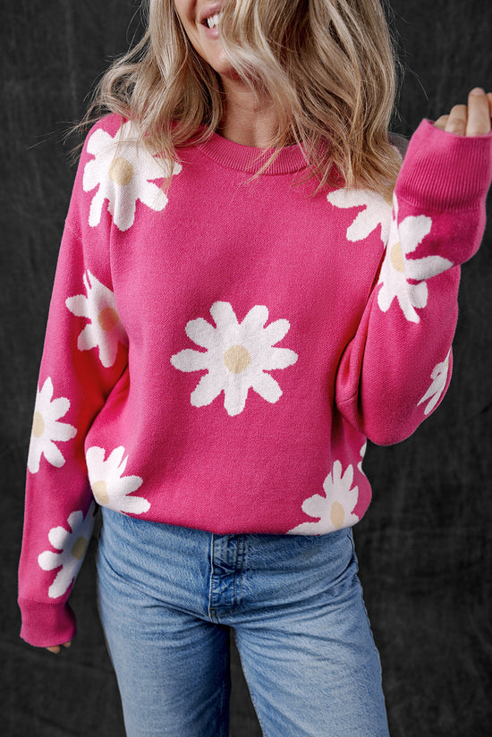 Hot Pink Daisy Flower Crew Neck Long Sleeve Sweater