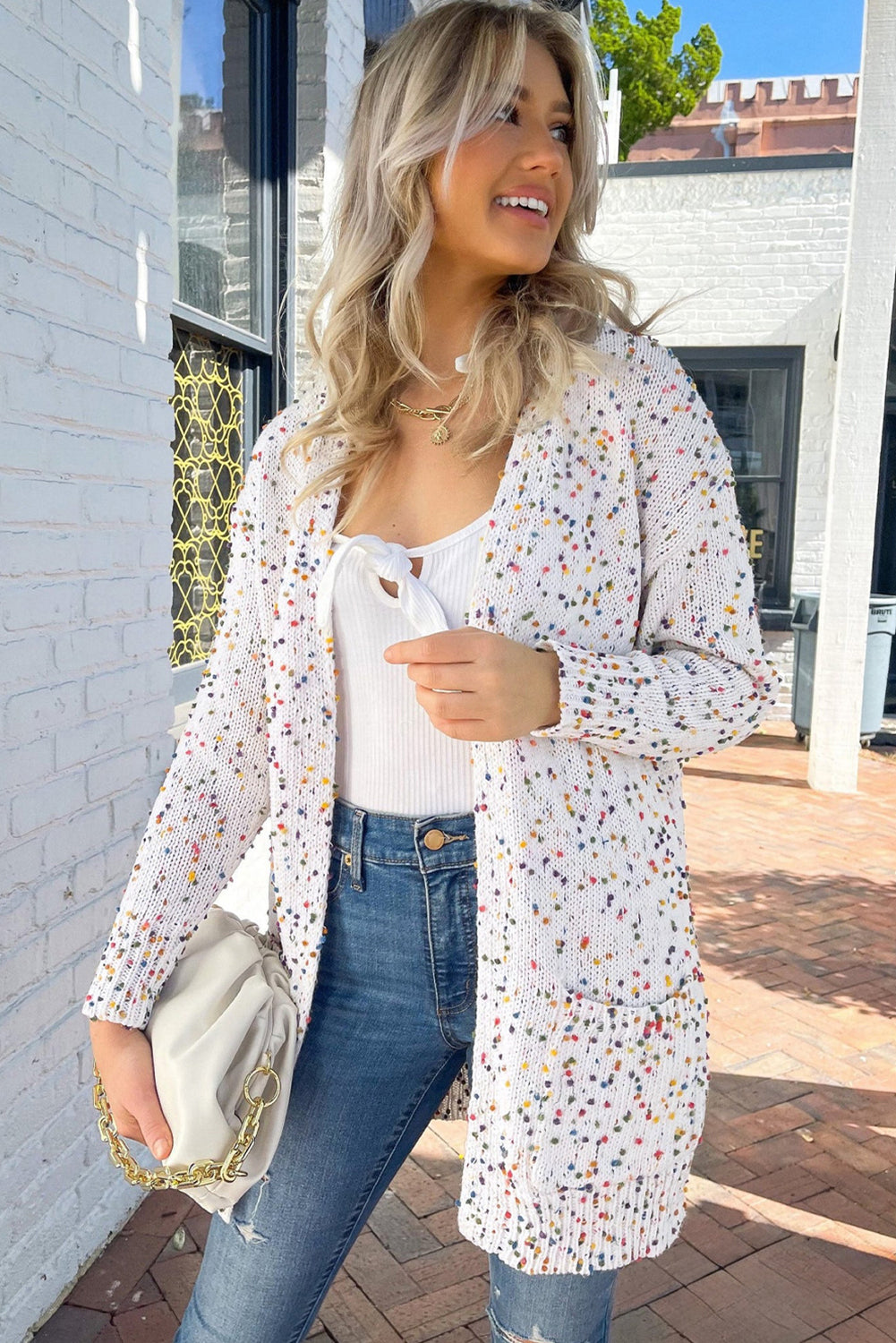 Confetti White Ribbed Knit Long Sleeve Cardigan