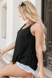 Black strappy tank top with round neck and eyelets