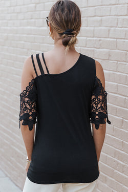 Black top with bare shoulders and lace straps