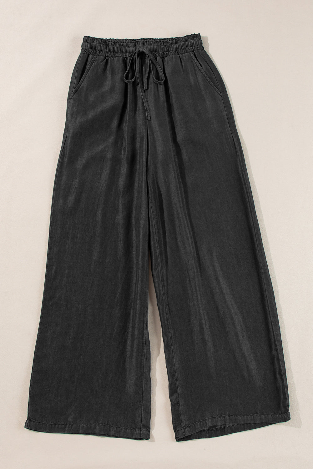 Black Drawstring High Waist Wide Leg Denim Pants