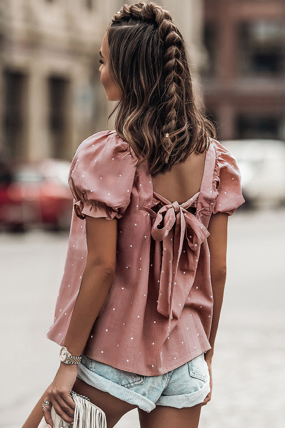 Pink Square Neck Dotted Print Puff Sleeve Blouse with Tie Back