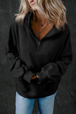 Black zip-up sweatshirt with stand-up collar and kangaroo pocket