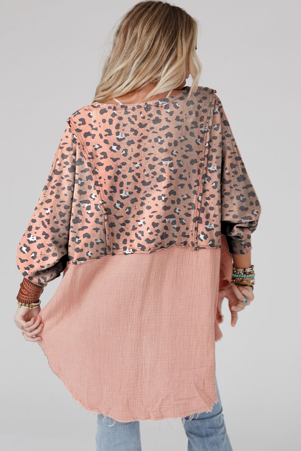 Pink Raw Edge Leopard Patchwork Oversized Blouse