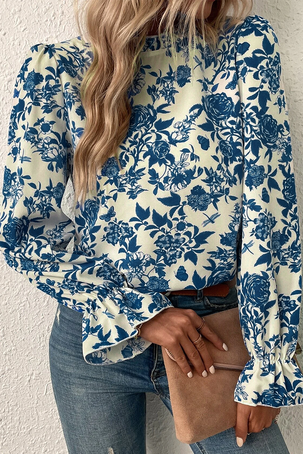 Blusa trasera de manga de flujo de estampado floral azul cielo blusa trasera