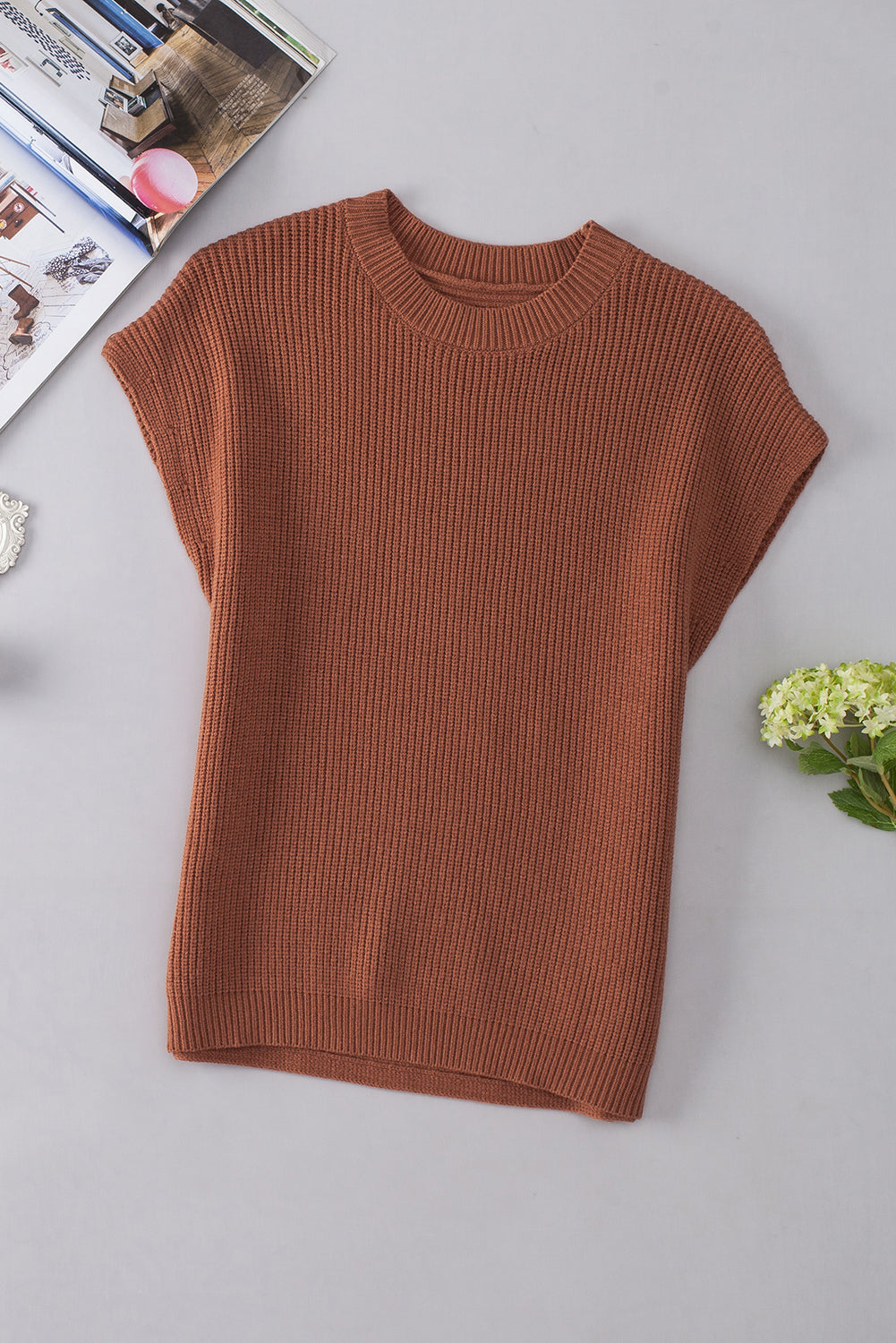 Chestnut Plain Crew Neck Short Sleeve Sweater