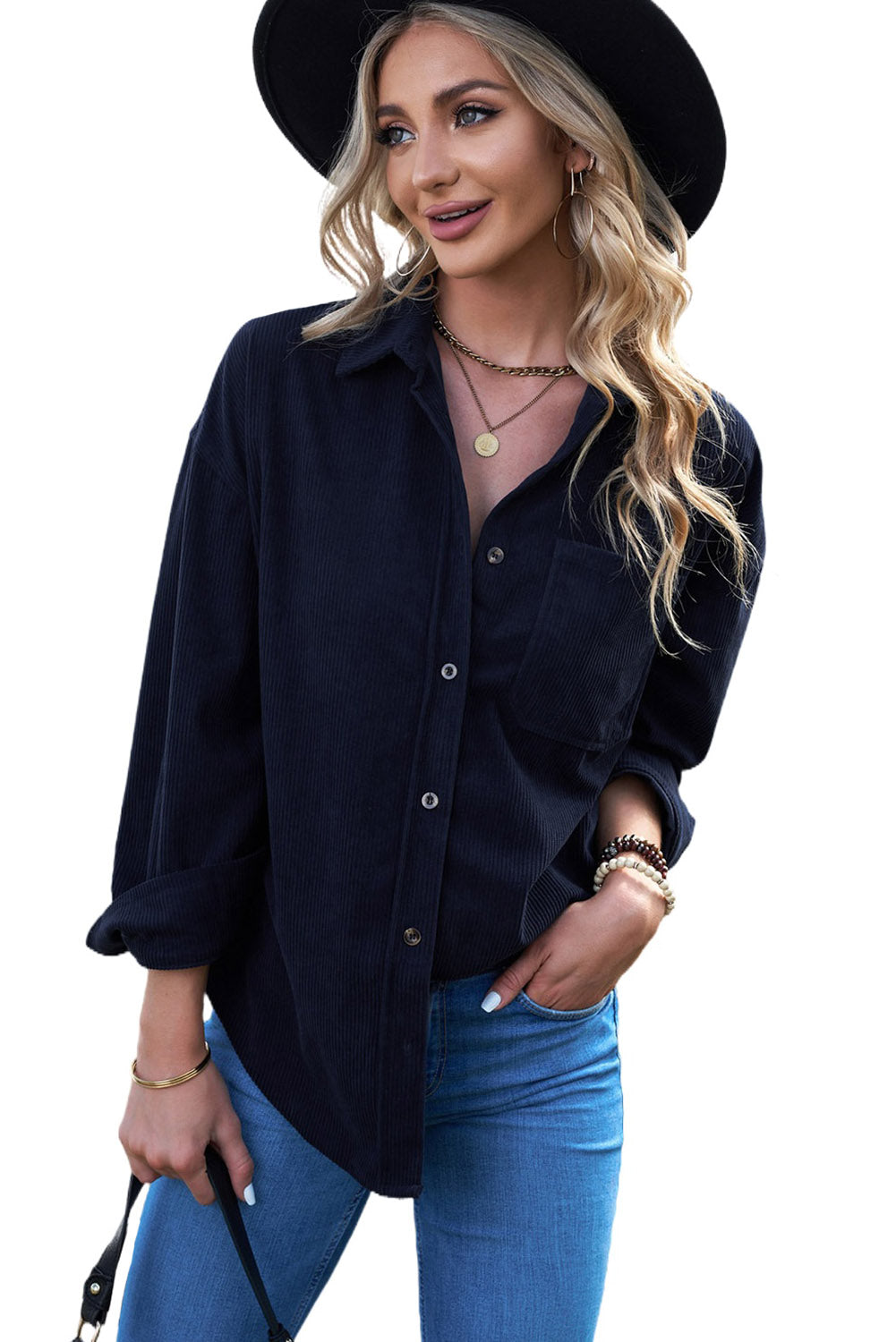 Dark Blue Corduroy Button Pocket Shirt