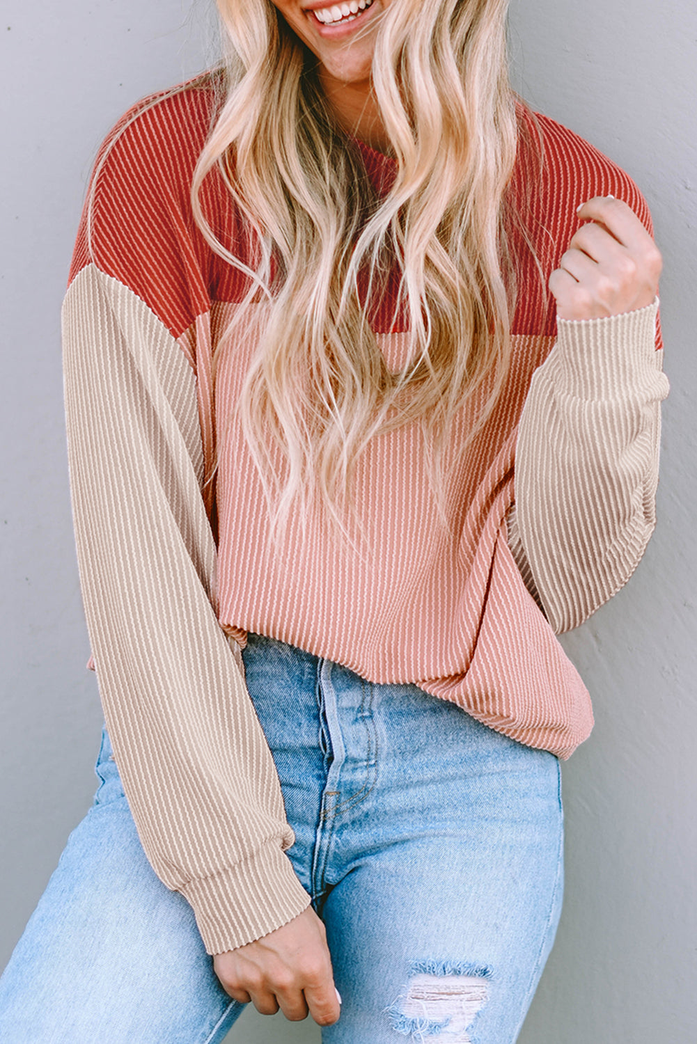 Fiery Red Color Block Long Sleeve Ribbed Loose Top