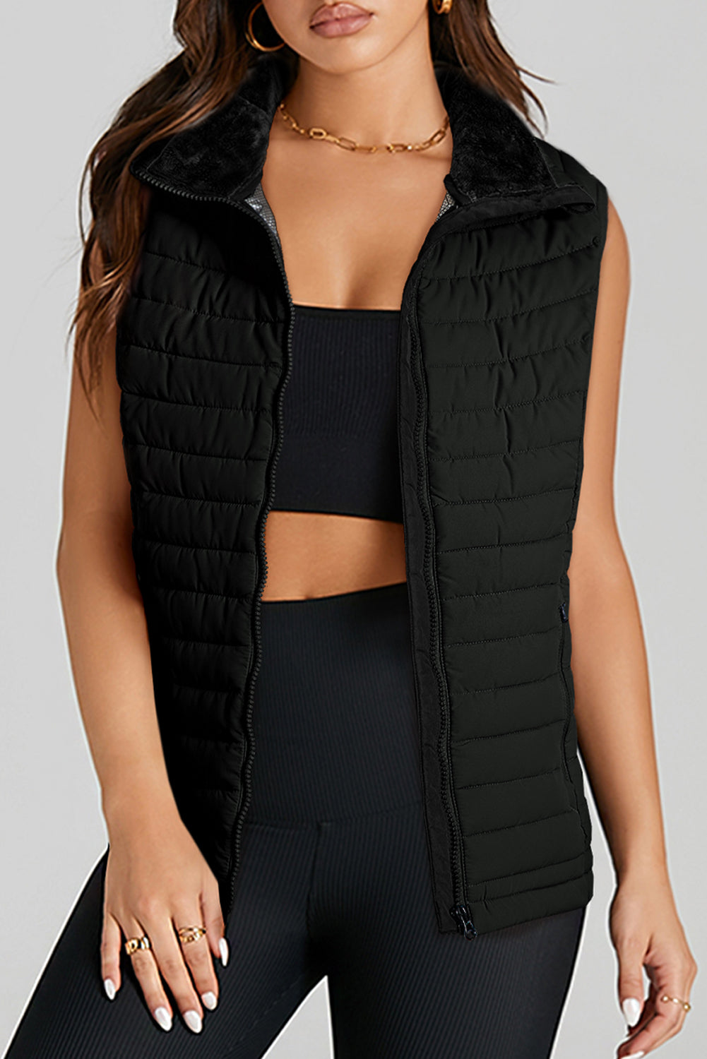 Doudoune matelassée zippée à col en peluche noire-A WOMAN WE LOVE