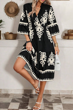 Black geometric western print loose midi dress with 3/4 sleeves