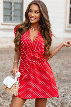 Bright red polka dot dress, V-neck, ruffled sleeves