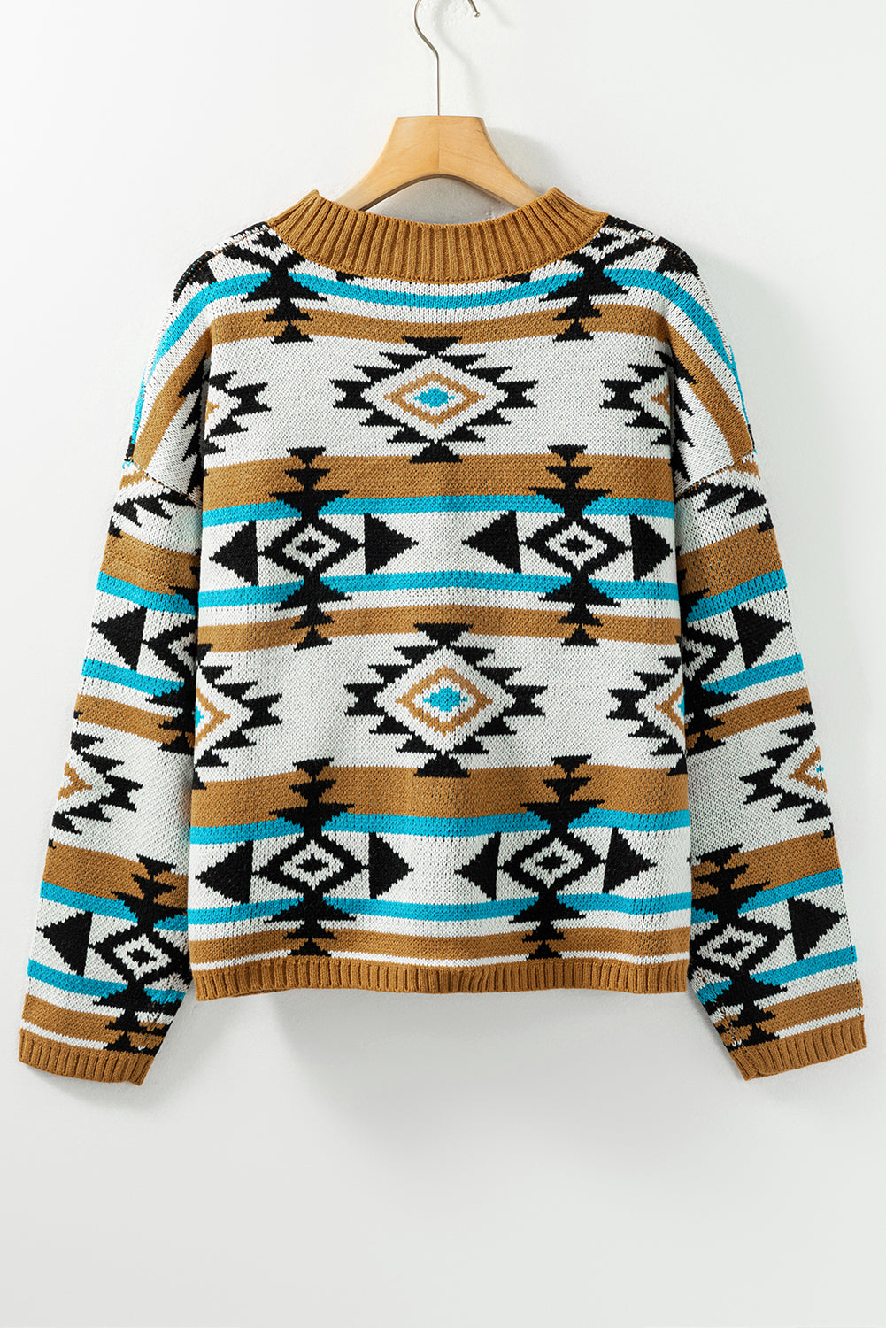 Braun Azteken gestreiftes Strickripper -Trimmpullover