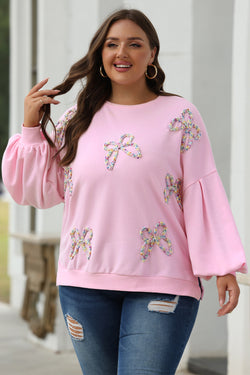 Light Pink Embroidered Bow Lantern Sleeve Oversized Sweatshirt