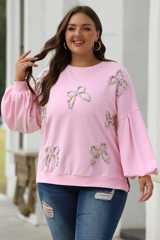 Light Pink Embroidered Bow Lantern Sleeve Oversized Sweatshirt