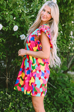 Red Rose Rose Dress with abstract print and ruffle sleeves