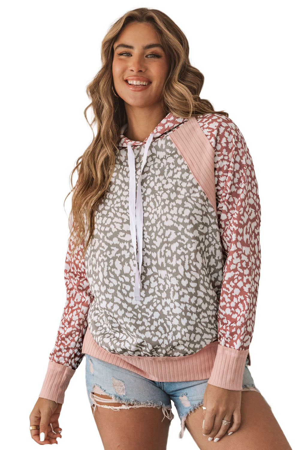 Pink Leopard Long Sleeve Kapuzen -Sweatshirt