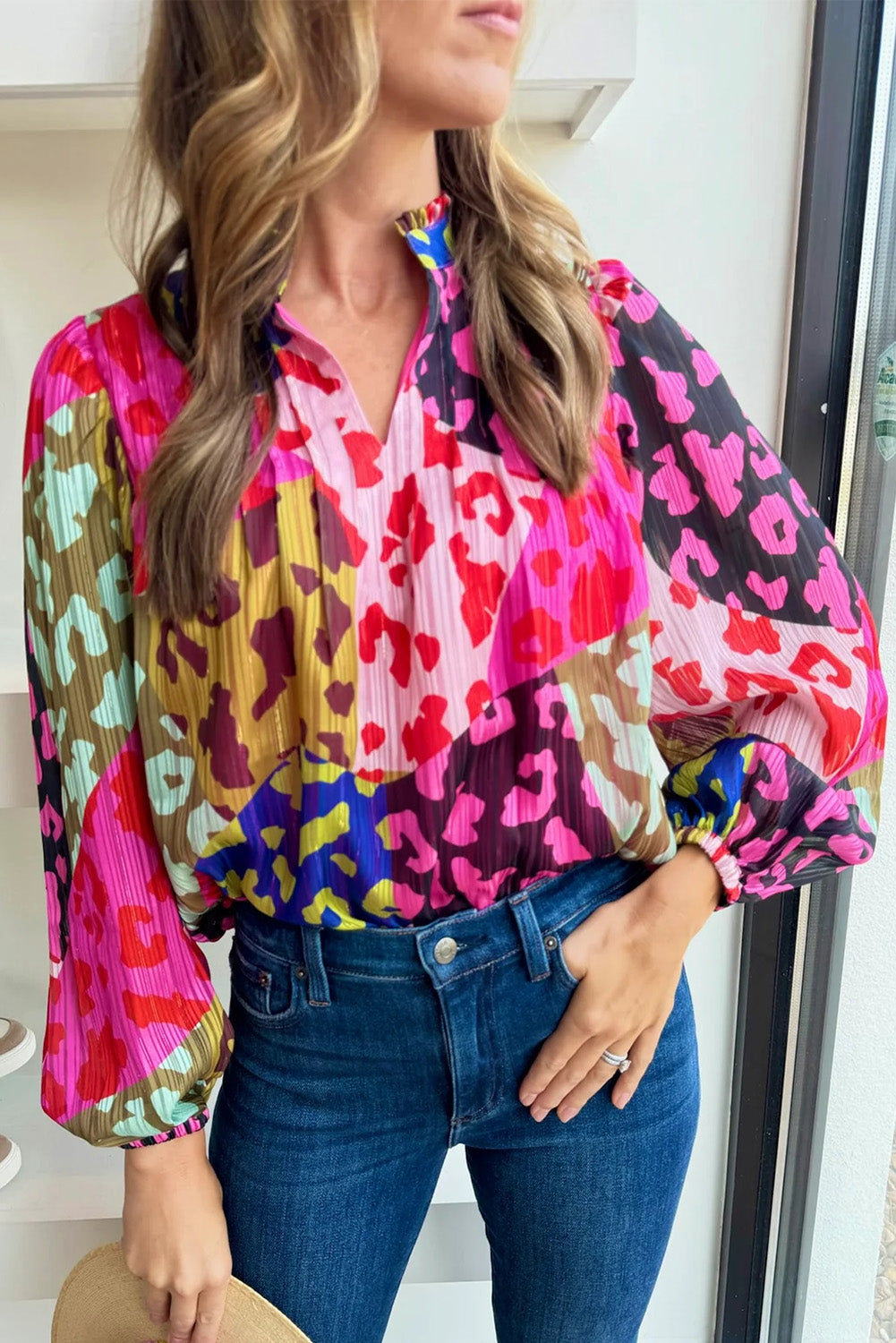Chemisier plissé à imprimé léopard rose et patchwork-A WOMAN WE LOVE